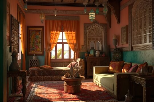 Moroccan - inspired Room: Capture a set of images that showcase a colorful. Generative AI