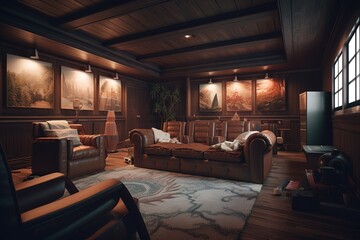 Movie Room: Capture a set of images that showcase a cozy, cinematic movie room. Use natural light to highlight the colors and textures of the seating and decor Generative AI