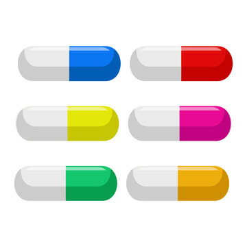 Tablets of different colors. Icons of pills, capsules isolated on white background. Vector illustration of medical drugs in cartoon simple flat style