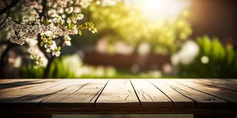 Empty old wooden table with trees in blooming and defocused sunny garden background background  - generative ai