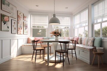 Breakfast Nook: Create a set of images that showcase a cozy, charming breakfast nook. Generative AI