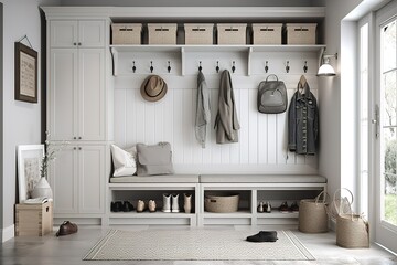 Mudroom: Capture a set of images that showcase a functional, stylish mudroom. Generative AI