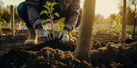 Person planting trees or working in community garden promoting local food production and habitat restoration, concept of Sustainability and Community Engagement  - generative ai