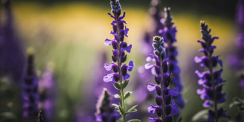 Obraz na płótnie Canvas Purple flowers of salvia in flower field background - generative ai