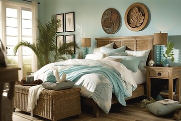 Coastal Bedroom: Create a bedroom with a coastal - inspired design, using a mix of cool blues and greens, natural textures, and ocean - themed decor. Generative AI
