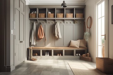 Mudroom: Create a set of images that showcase a practical, organized mudroom. Generative AI