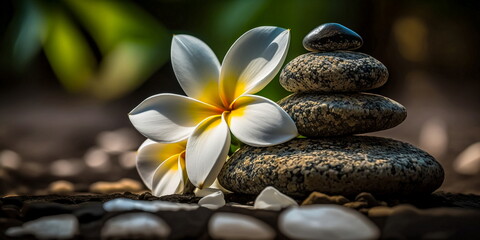 Stack of pebble stones and Plumeria at the beach on a wooden surface  - generative ai