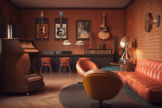 Music Lounge: Capture a set of images that showcase a funky, retro music lounge. Use natural light to highlight the colors and textures Generative AI