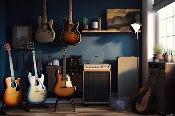 Music Room: Capture a set of images that showcase a cool, creative music room. Generative AI