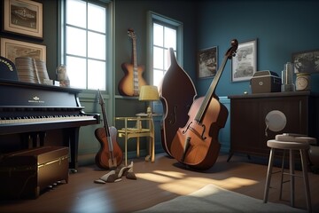 Music Room: Capture a set of images that showcase a creative, inspiring music room. Generative AI