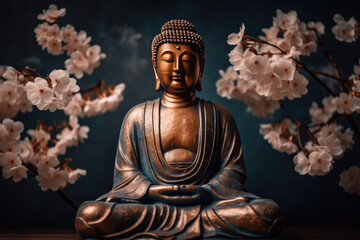 Buddha statue with cherry blossom. Mediation and zen concept, generative AI