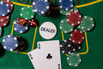 Blackjack playing cards and casino poker chips