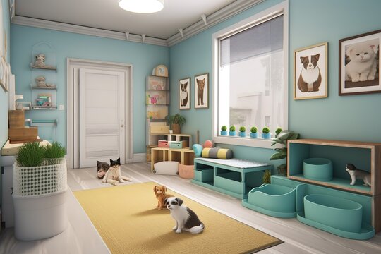 Pet Room: Create a set of images that showcase a pet - friendly room designed for cats or dogs. Generative AI