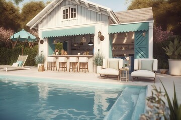 Pool House: Create a set of images that showcase a luxurious, summery pool house. Generative AI
