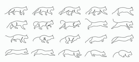 Doodle continuous freehand sketch drawing of cat pose collection.