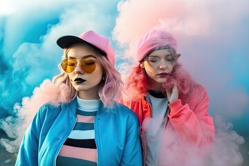 Gen Zers in retro fashion clothing with Colorful smoke