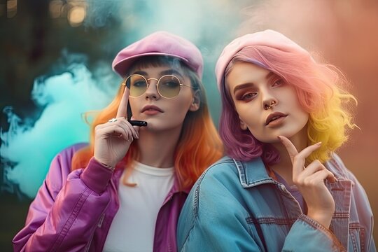 Gen Zers in retro fashion clothing with Colorful smoke