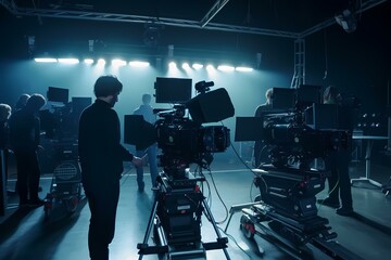 Fototapeta premium ﻿A group of people in a room with cameras and equipment - Generative AI