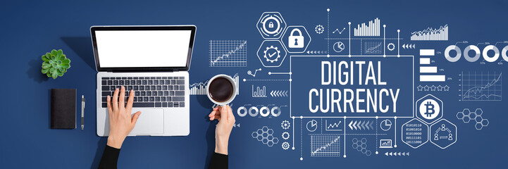 Digital currency theme with person using a laptop computer