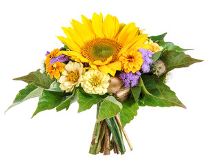 Bouquet with sunflower and zinnia, transparent background