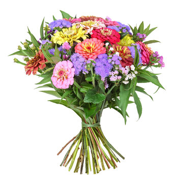 Colorful bunch of flowers with dahlia and zinnia, transparent background