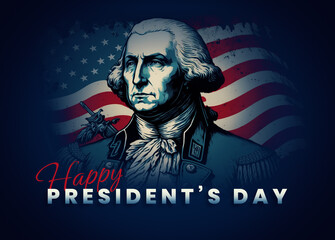 Colorful illustration of President's Day and greeting message. Holiday background with George Washington portrait and American flag.Generative AI.