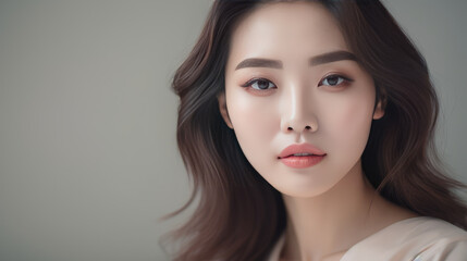 Fototapeta premium Amazing beautiful Asian girl against grey background - portrait studio shot - made with Generative AI