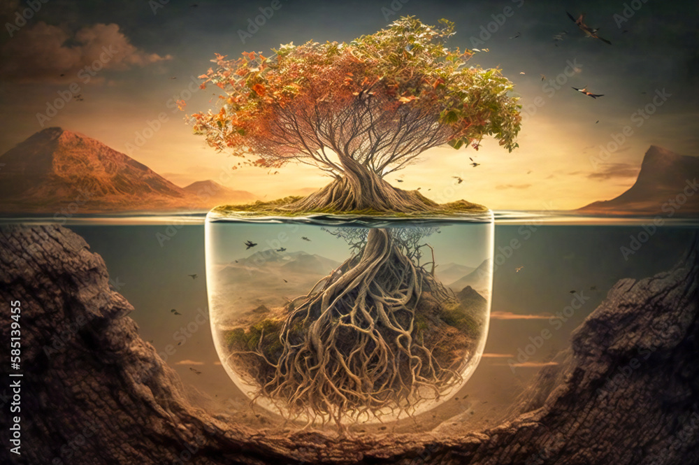 Poster surreal majestic tree with its roots growing in a world beneath the ground. created with generative 