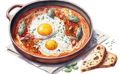 Drawn Shakshuka eggs poached in a sauce of tomatoes watercolor breakfast food illustrations Generative AI
