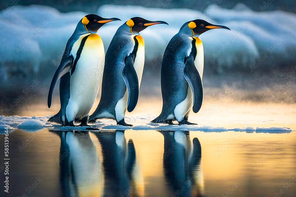 Poster penguins on ice near the ocean. created with generative ai technology.