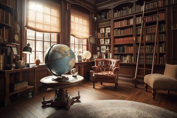 Fototapeta na wymiar Home Library: Create a set of images that showcase a grand, sophisticated home library. Generative AI