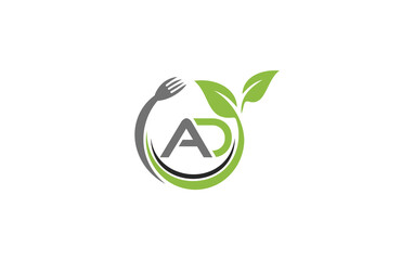 Green leaf nature with spoon and healthy logo design spoon fork and leaf