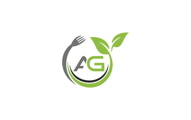 Green leaf nature with spoon and healthy logo design spoon fork and leaf