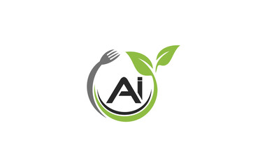 Green leaf nature with spoon and healthy logo design spoon fork and leaf