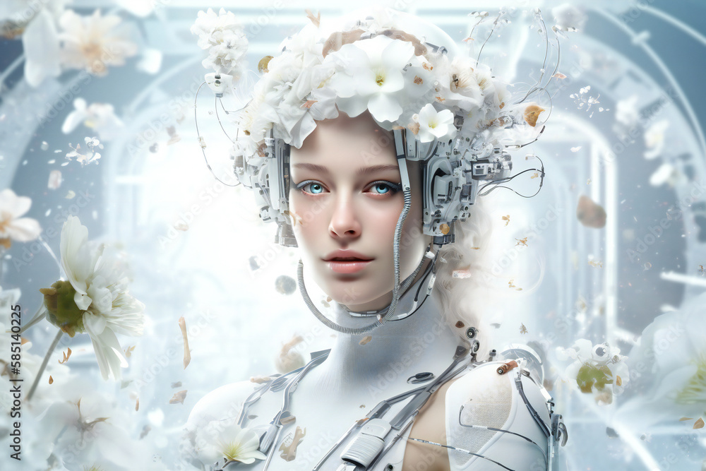 Poster illustration of a beautiful female white android head. robotic and artificial intelligence concept. 
