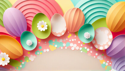 Happy Easter banner with colorful Easter eggs and flowers in pastel colors on a beige background, with copy space for your text, generative AI