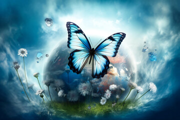 Obraz na płótnie Canvas A blue butterfly standing on planet Earth, surrounded by flowers. Peace, tranquility, serenity and nature recovering concept.Created with Generative AI technology.