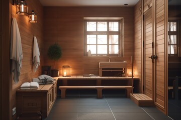 Home Sauna: Create a set of images that showcase a cozy, relaxing home sauna. Generative AI