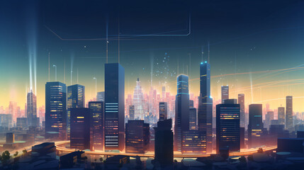 city of future where skyscrapers are packed glowing reflecting sun generative ai 