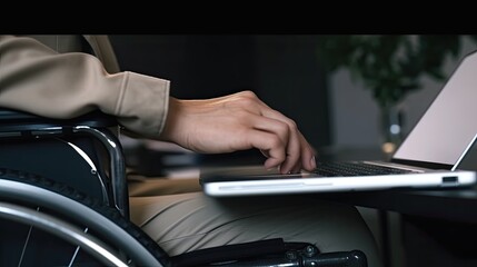 Detail of a disabled person on wheelchair working in the office. Ai Generative.