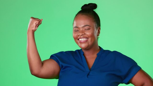 Black woman muscle flex isolated on studio background or green screen for power, strength and hard work. Face of model or person with empowerment, feminism or strong hand or arm for energy motivation