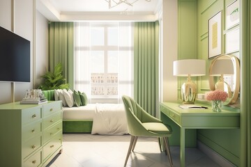Fototapeta na wymiar luxury bedroom suite in resort high rise hotel with working table