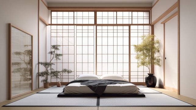 Home interior, traditional Japanese bedroom, with futon and minimalistic decoration. Ai Generative.
