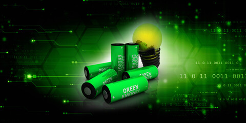 3d rendering Electrical energy and power supply source concept, accumulator battery with charging led bulb 
   