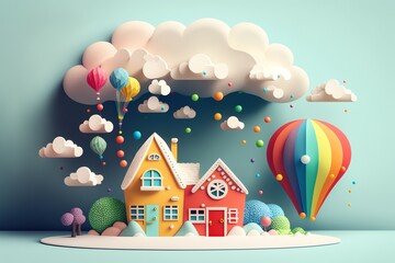 3D cute mini city, mini world, miniature city, kid style, colorful, houses, hotels, streets, clouds, hill, happy color