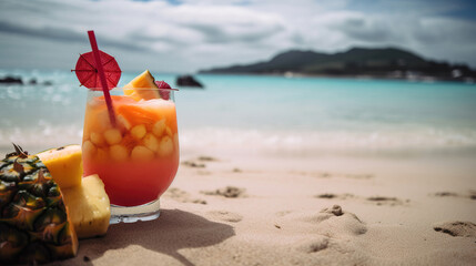 Fruit cocktail on a tropical beach. generative AI