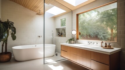 Obraz na płótnie Canvas Mid century modern style bathroom with wood modern twist mcm ideas interior design trending