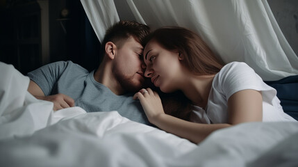 Fototapeta na wymiar Couple in love lying together in bed - made with Generative AI