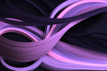Violet neon color strip wave paper. Abstract texture black background.