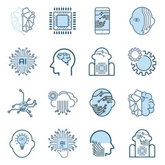 Set of AI technology icon vector, modern artificial intelligence such as robot, digital, vr, ai, cyber operatating system, AI circutes line style icons